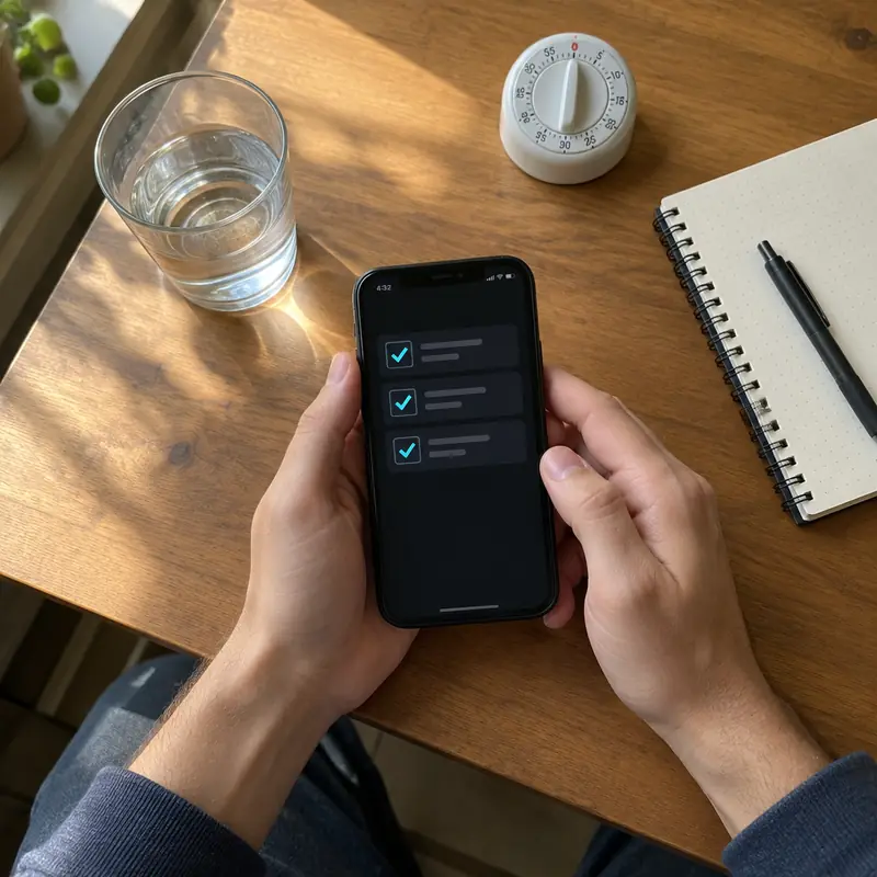 Manos sosteniendo un celular con una lista de tres tareas marcadas, junto a un vaso de agua y un temporizador